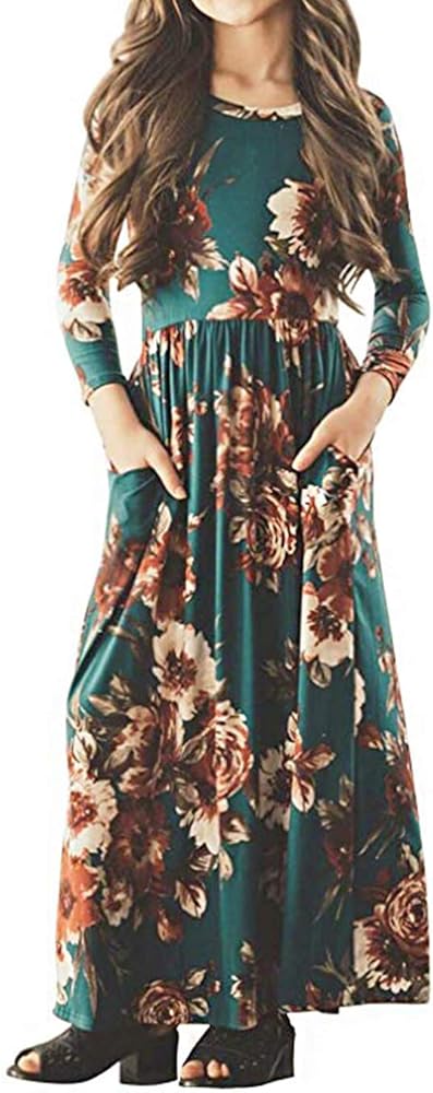 21KIDS Girls Maxi Dress Floral 3/4 Long Sleeve Dresses with Pockets for Girls 6-12 Years