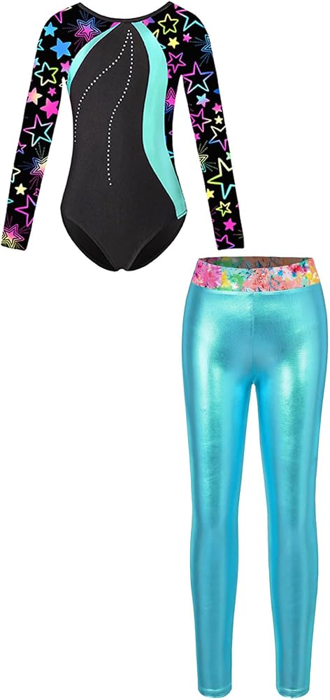 YiZYiF Kids Girls Ballet Gymnastic Workout Set Long Sleeves Rhinestones Printed Leotard with Metallic Pants Sport Outfit