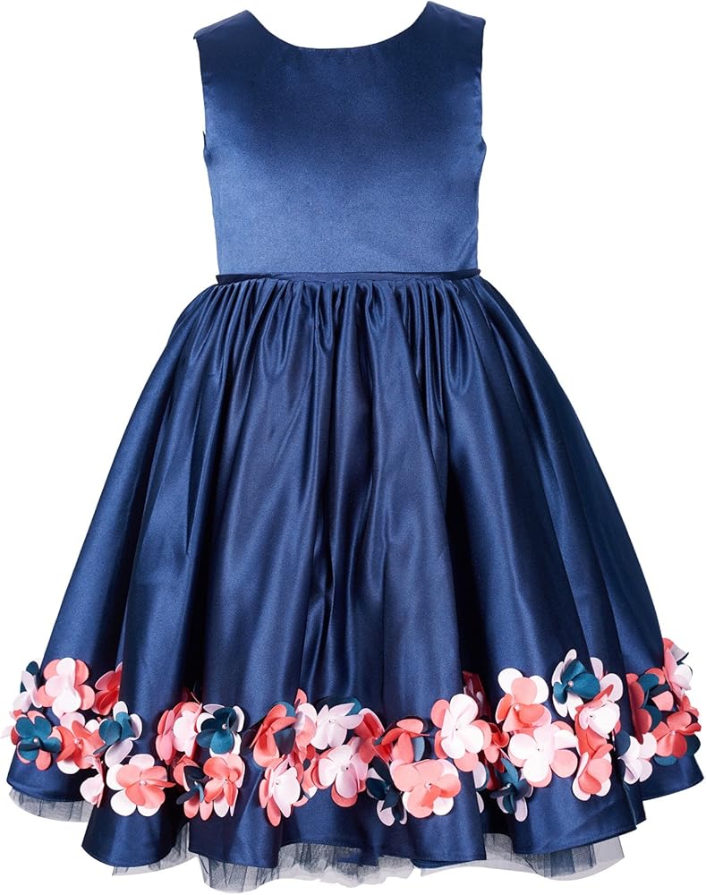 Navy Blue Satin Flowers Flower Girl Dress Little Girls Brithday Holiday Dresses