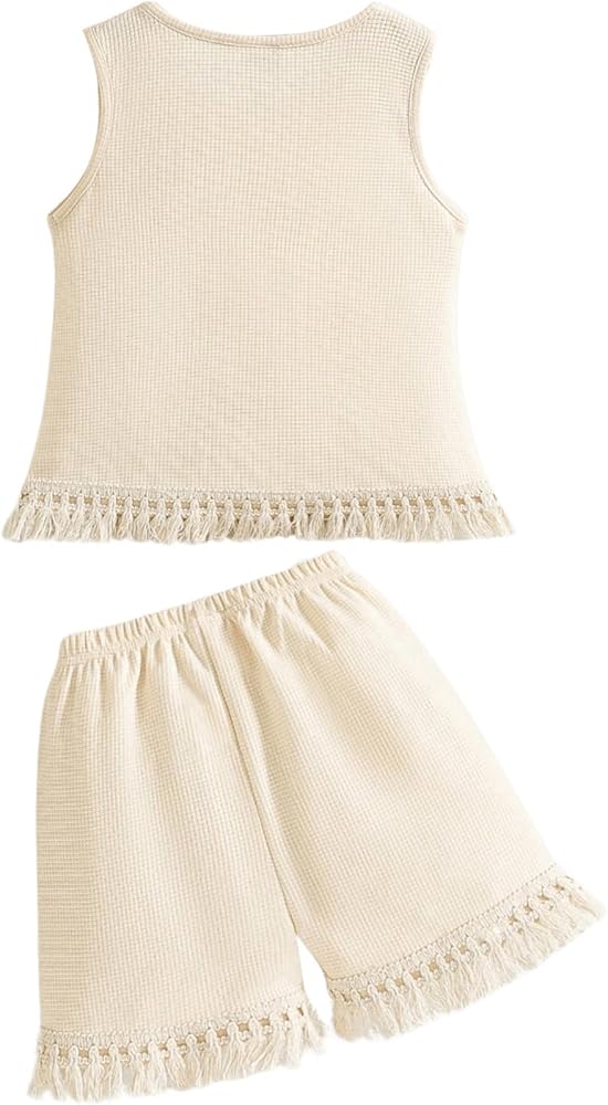 WDIRARA Toddler Girl's 2 Piece Set Fringed Hem Round Neck Sleeveless Top and Elastic Waist Shorts