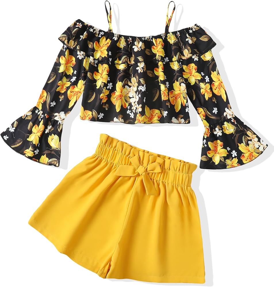 Girls Summer Clothes 2 Piece Cute Outfits Kids Boho Floral Print Long Sleeve Crop Top Shorts Clothing Set