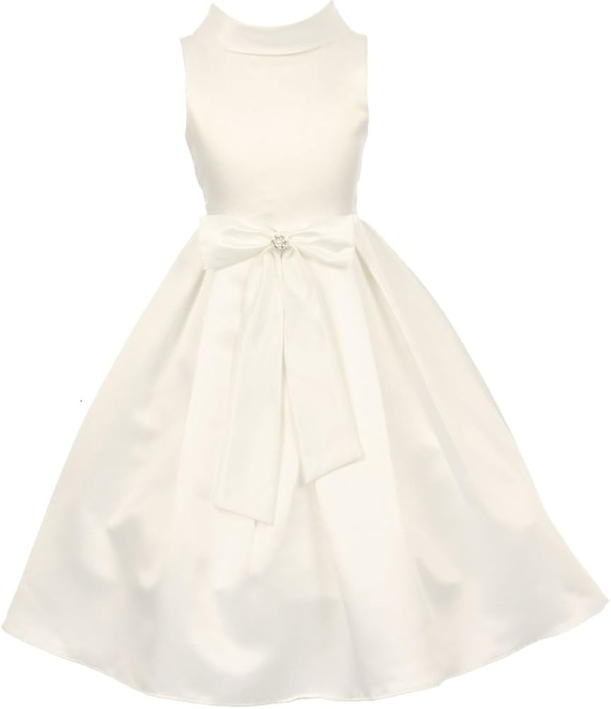 Little Girls Bridal Dull Satin Bow Rhinestone Flowers Girls Dresses