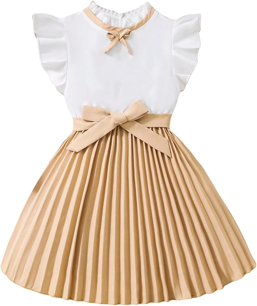 Floerns Girls Bow Front Colorblock Pleated Flounce Cap Sleeve A Line Short Dress