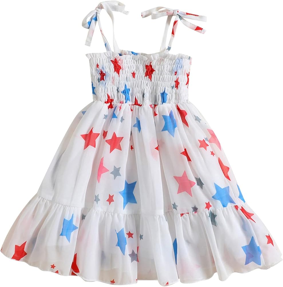 Little Girl Summer Princess Dress USA Flag Star Dress Smocked Sleeveless Tulle Tutu Dress Kid Independence Day Dress