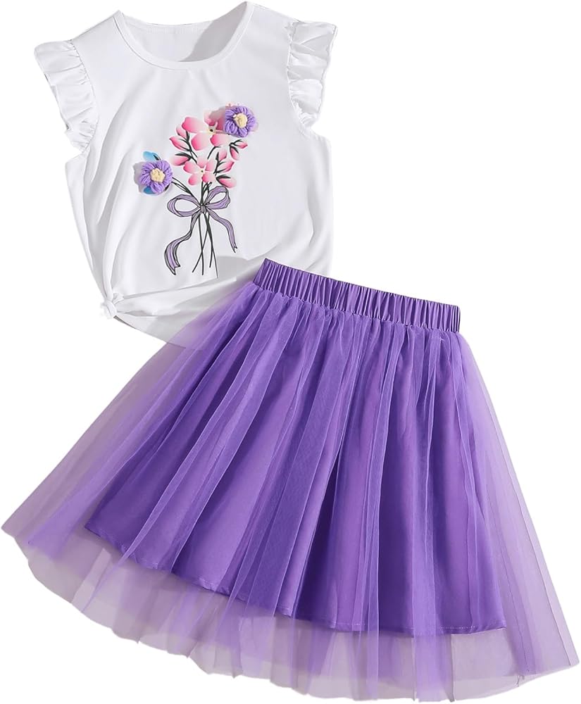 Floerns Girl's Two Piece Outfit Floral Print Tee Shirts Mesh Overlay Skirt Set