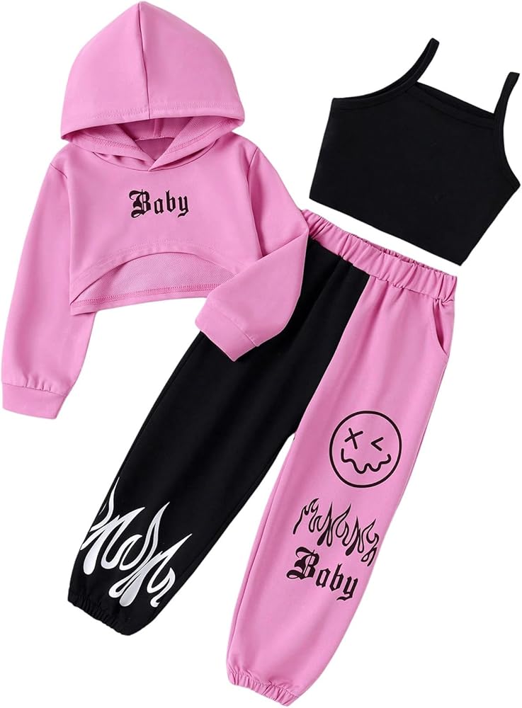 WDIRARA Girl's 3 Pieces Outfits Letter Graphic Hoodie with Cami Top and Colorblock Sweatpants Set Tracksuit