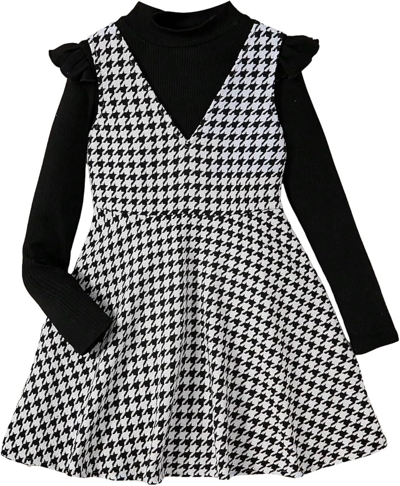 WDIRARA Girl's 2 Piece Outfits Mock Neck Tee and Houndstooth Print Overall V Neck Sleeveless Dress Set