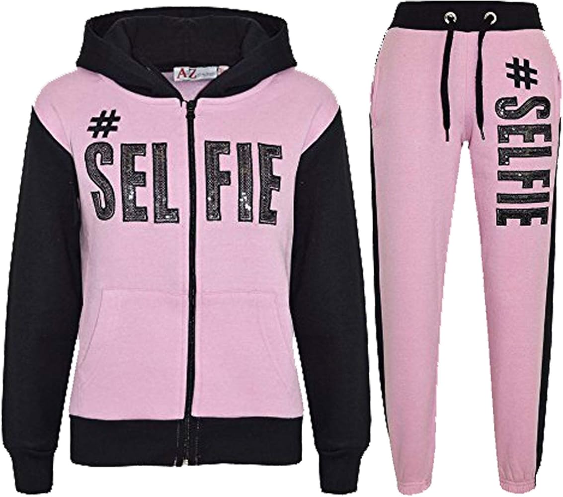 Girls Boys #SELFIE Tracksuit Sequin Embroidered Baby Pink & Black Hoodie with Jogger Sweatpants Age 5-13 Years