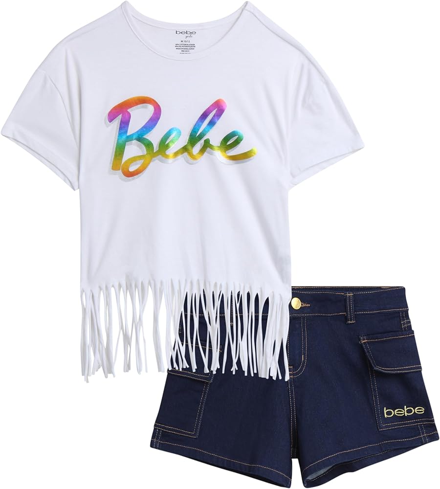 bebe Girls' Shorts Set - 2 Piece Casual Finge T-Shirt and Denim Cargo Shorts - Summer Graphic Top and Shorts Outfit Set, 7-12