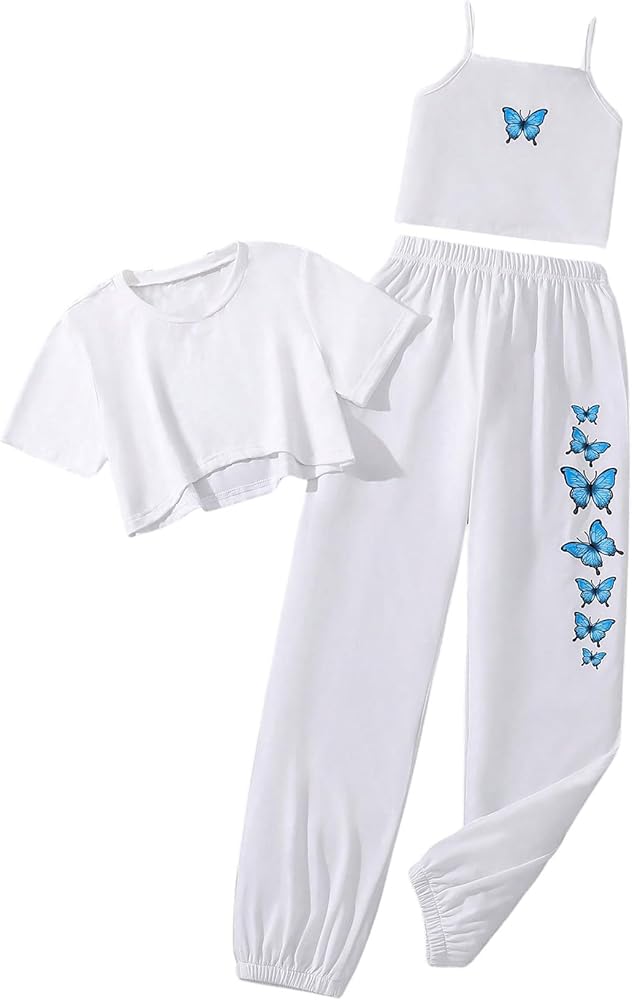 Milumia Girl's 3 Piece Butterfly Print Outfits Camisole Short Sleeve Tee and Sweatpants Casual Sets