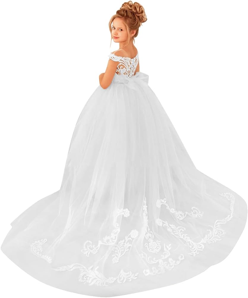 MCieloLuna Flower Girl Dresses for Wedding Long A Line Lace Tulle First Communion Dresses for Kids Girls