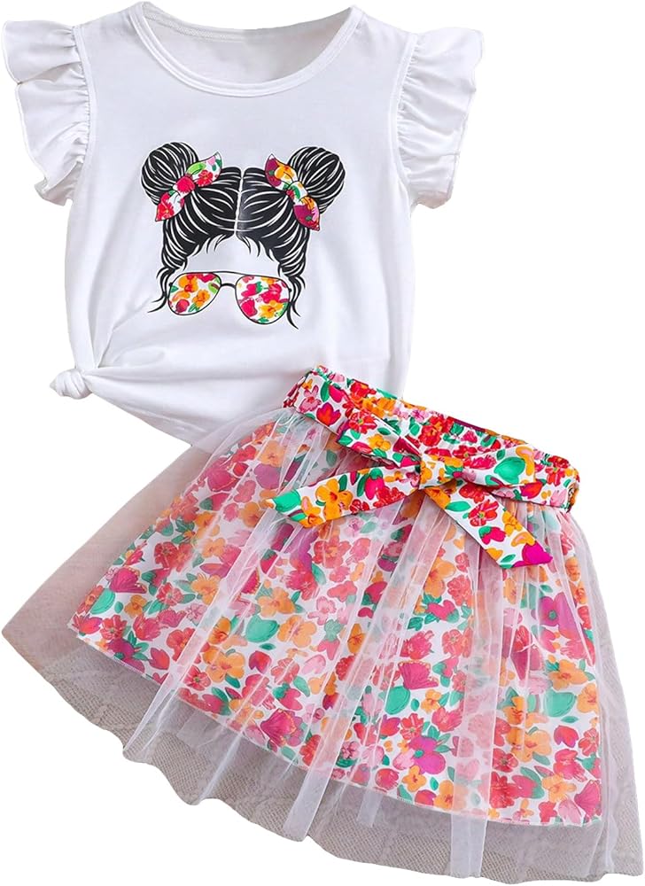 OYOANGLE Girl's 2 Pieces Outfits Graphic Print Cap Sleeve Round Neck Tee Top and Floral Print Short Skirt Set