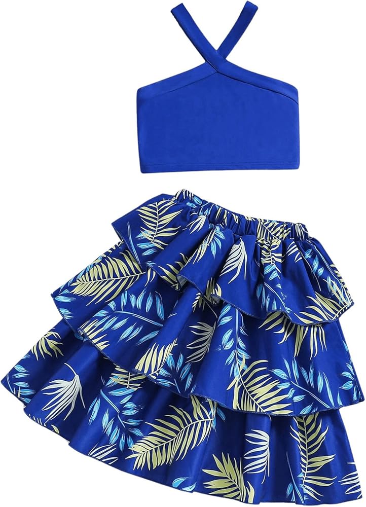 Milumia Girl's 2 Piece Boho Outfits Criss Cross Halter Tank Top and Tropical Ruffle Skirt