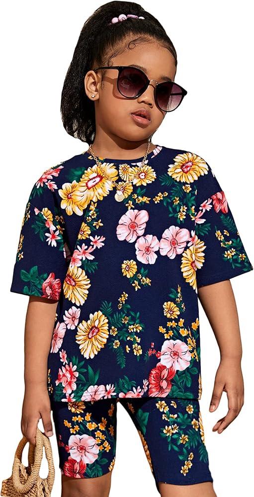 Milumia Girl's Two Piece Outfits Floral Print Drop Shoulder Half Sleeve Tee and Biker Shorts Set Multi Navy Blue 11-12 Years