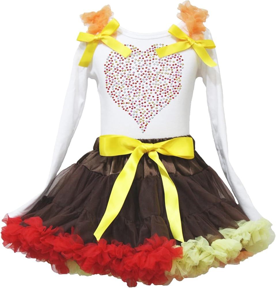 Valentine Dress Rhinestone Heart White Cotton L/s Shirt Brown Rainbow Skirt 1-8y