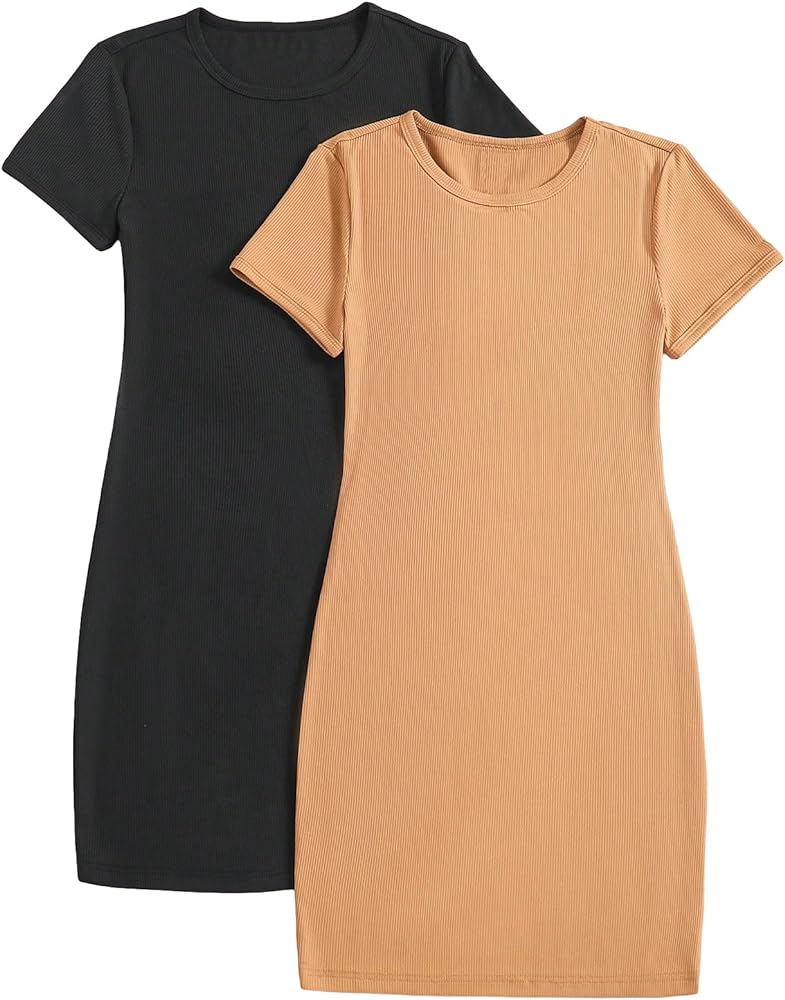 OYOANGLE Girl's 2 Pack Short Sleeve T Shirt Dress Set Crew Neck Rib Knit Bodycon Pencil Short Dresses