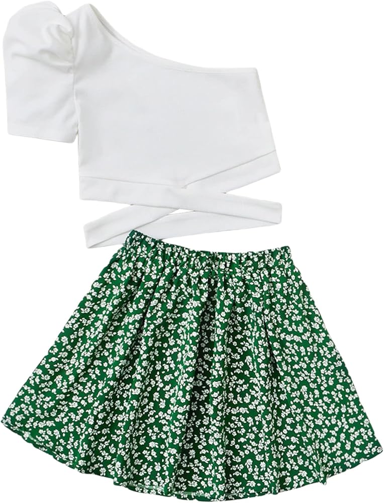 Milumia Girl's 2 Piece Outfits One Shoulder Cutout Puff Sleeve Tee and Floral A Line Skirt Set