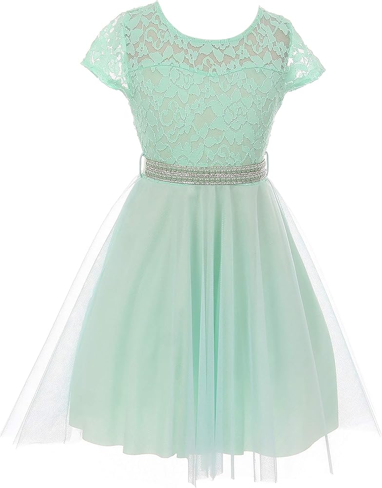 BNY Corner Cap Sleeve Lace Tulle Pearl Belt Pageant Party Flower Girl Dress USA