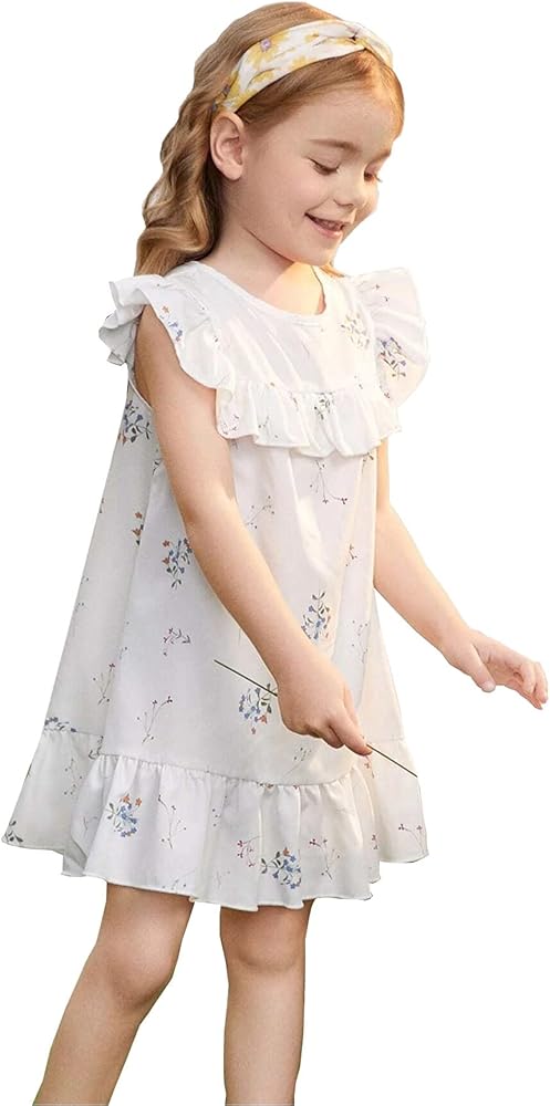 CuteMe Toddler Girls Dress Floral Print Guipure Lace Panel Ruffle Sleeve Dresses