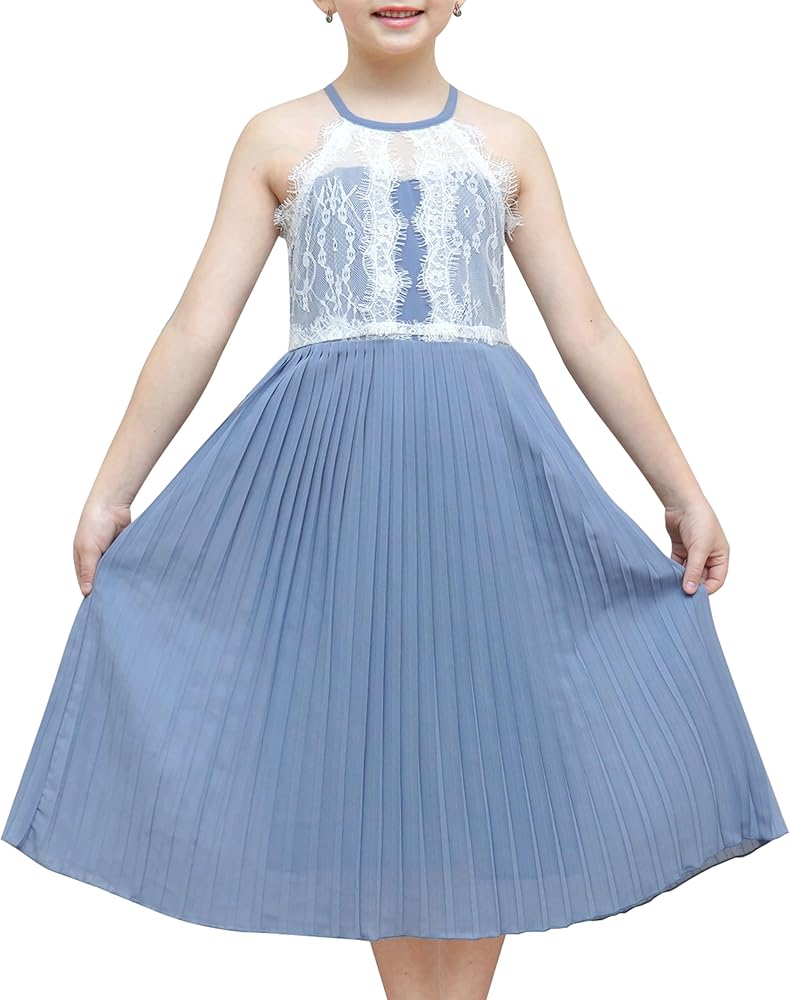 Sunny Fashion Girls Dress Haze Blue Halter Princess Pleated Formal Party Wedding