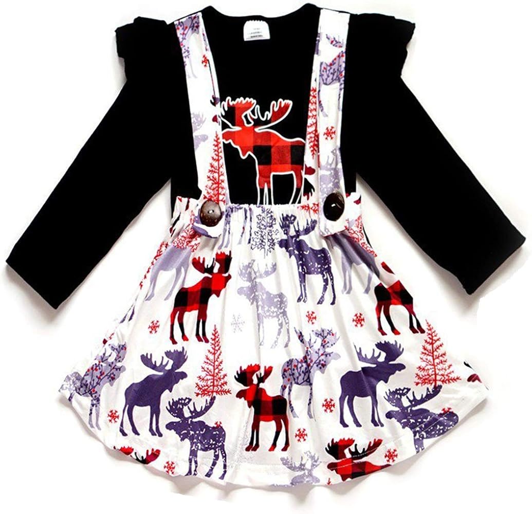 Little Girls 2 Pieces Skirt Set Reindeer Holiday T-Shirt Top Suspender Dress Set