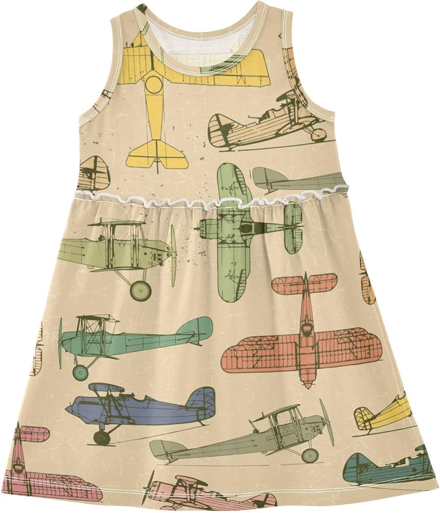 Aflyko Vehicle Girls Sleeveless Dress Vintage Airplane Retro Adorable Tank Play Sundress 2T-8T