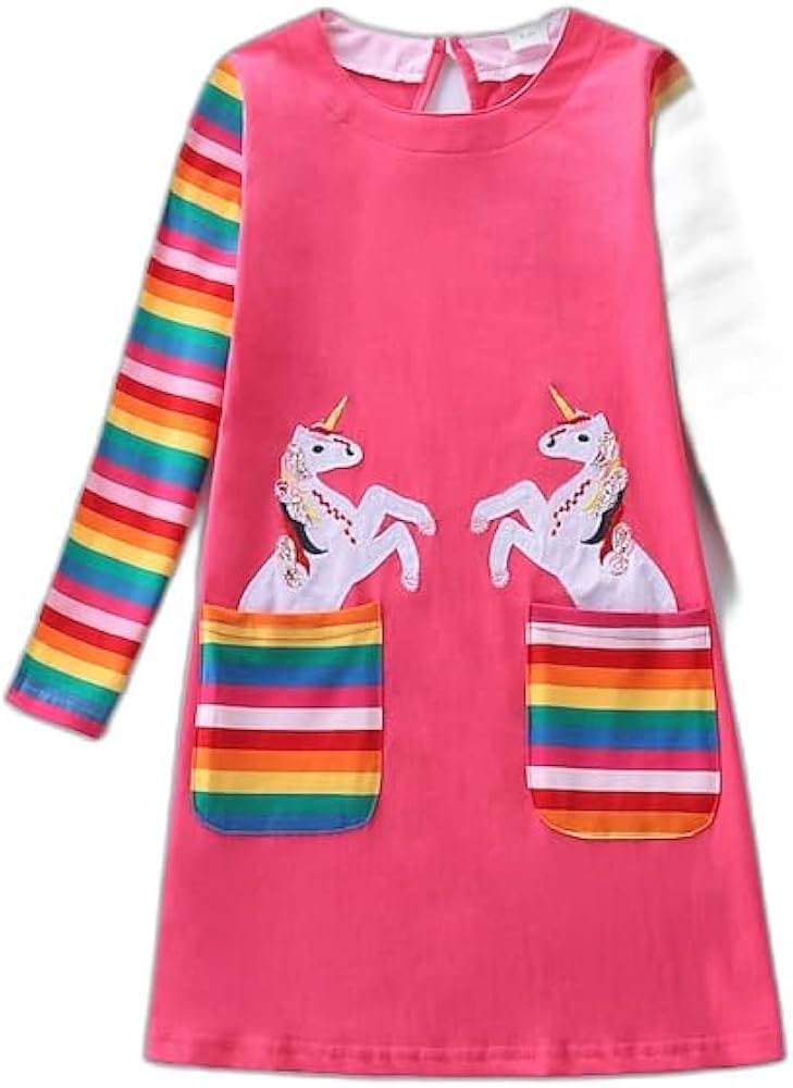 Kids Girls' Dress Cartoon Unicorn Long Sleeve Training Outdoor Embroidered Pocket