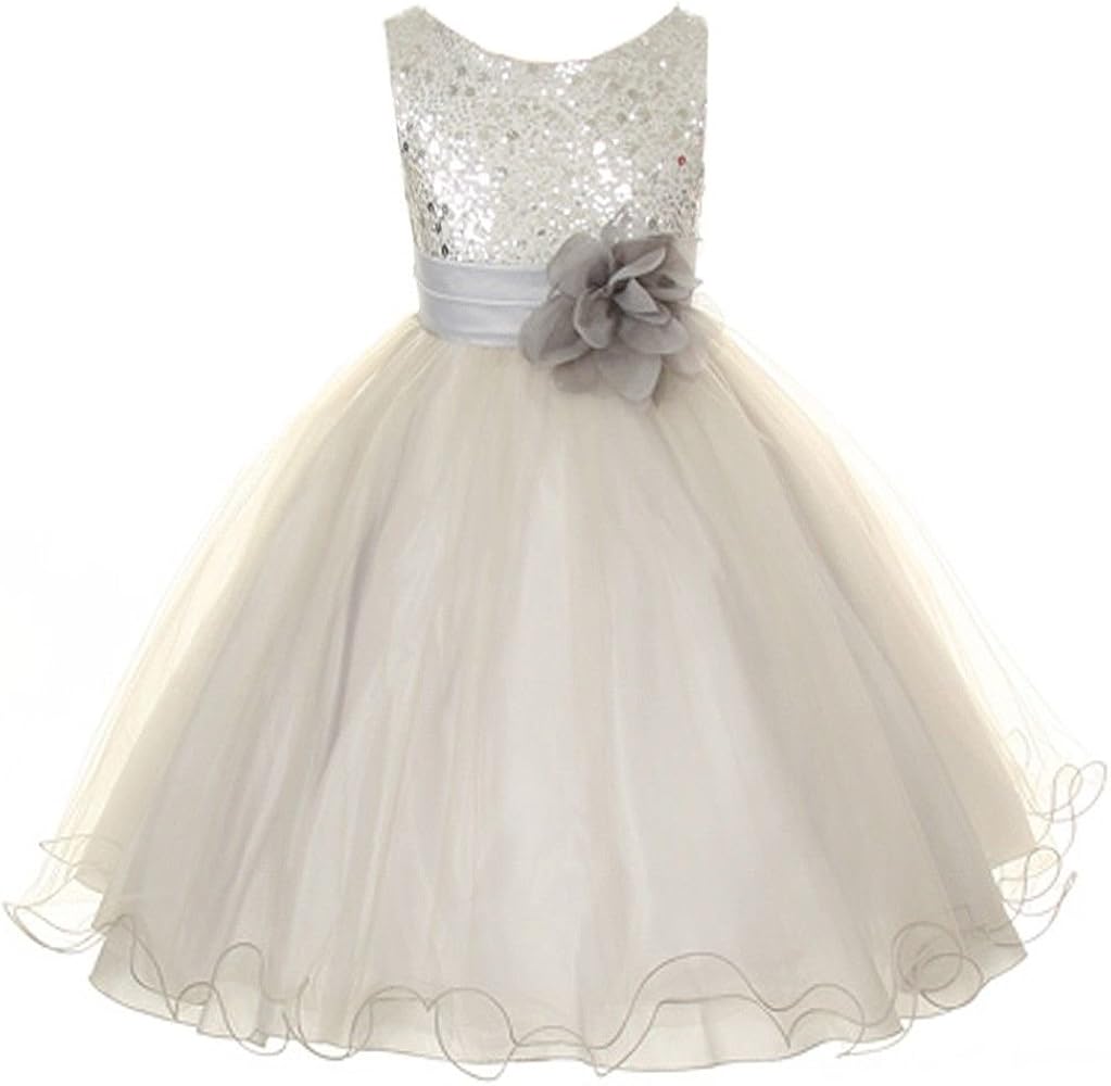 Flower Girls Big Girls’ Dress Sequin Glitter Beaded Dress Wedding Silver