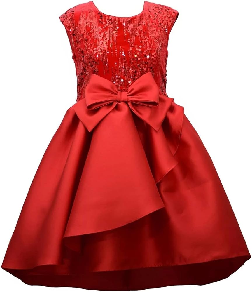 Bonnie Jean Girls 7-16 Red Sequin Velvet Mikado High-Low Ruffle Bow Dress