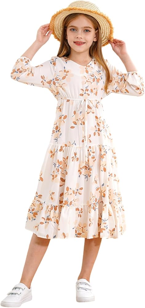 zdhoor Kids Girls Floral Print Summer Dress Casual Holiday Beach Dress Long Sleeve Maxi Dress