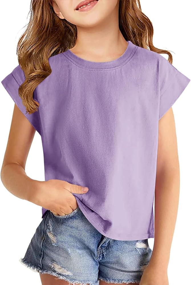 Girls Cap Sleeve T-Shirts Kids Summer Tunic Tops Cute Crewneck Tees Blouses for 5-14 Years