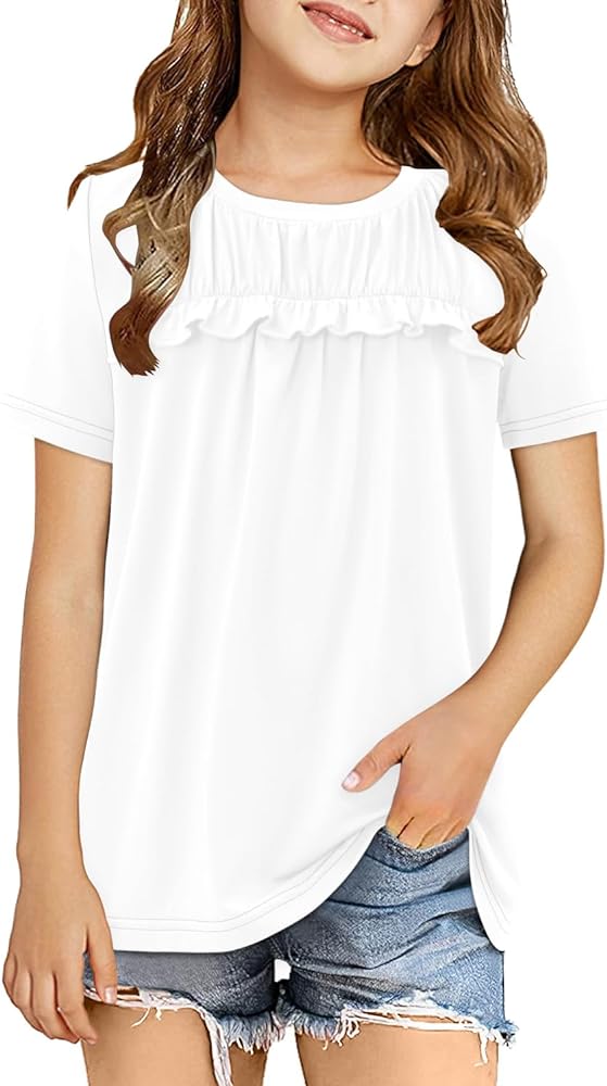 storeofbaby Girls Shirts Casual Short Sleeve Tops Round Neck Ruffle Flowy Tunic Blouses 5-14 Years