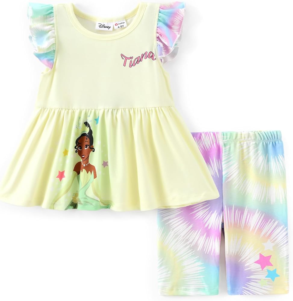 Disney Princess Toddler Girl Outfits Ruffle Sleeve Top and Pants Set 2-6 Years