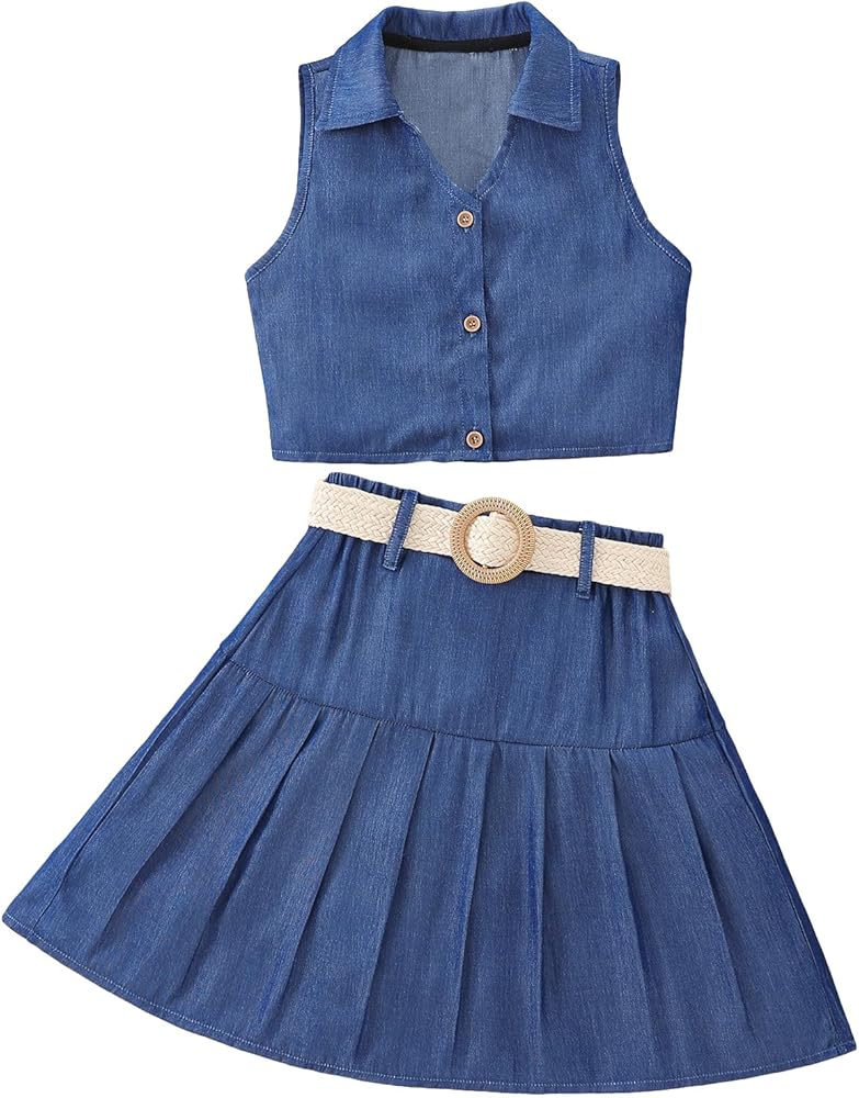 Verdusa Girl's 2 Piece Outfits Sleeveless Button Front Veat and Belted Pleated Skirt Sets