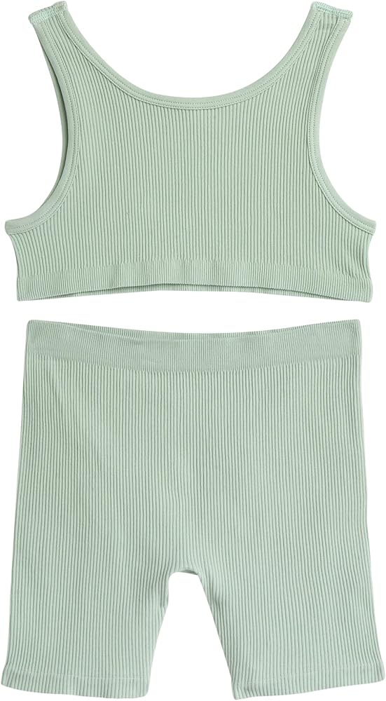 LaLa Girls' Active Shorts Set - 2 Piece Seamless Ribbed Crop Tank Top Bralette with Bike Shorts - Activewear for Girls (7-14)