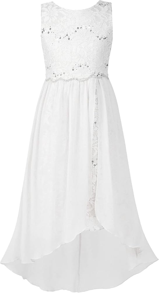 YiZYiF Big Girls Glitter Lace Hi-Low Dress Kids Chiffon Flower Girl Dress Junior Bridesmaid Wedding Ball Gown