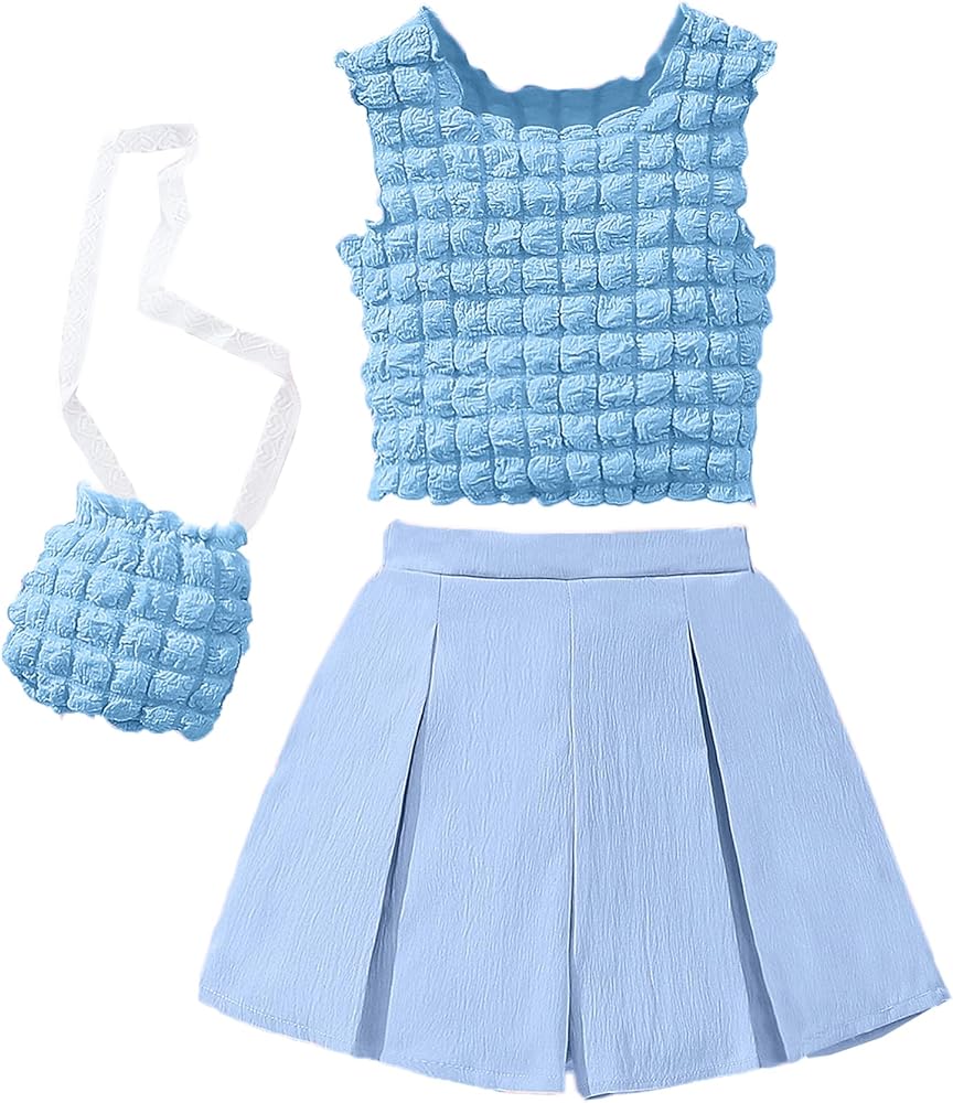 Little Girls 2pcs Sleeveless Lettuce Trim Ruffle Tank Tops and Pleated Elastic Waist Short Sets with Bag