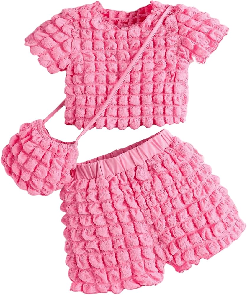 Floerns Toddler Girl's 3 Piece Outfit Textured Short Sleeve Blouse Top Shorts Set with Bag