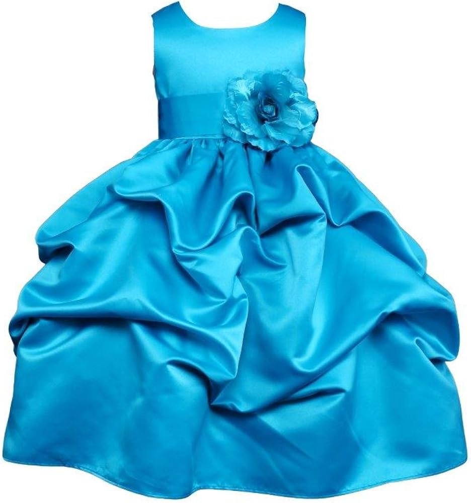 Pink Promise Turquoise Blue Satin Pick-Up Wedding Flower Girl Bridesmaid Dress with Bow