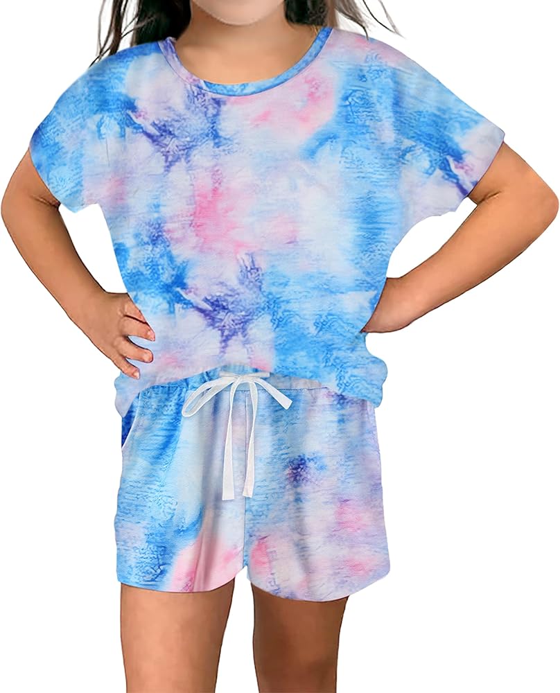 Girls Short Sets Shorts and Crop Top Set, Short Sleeve T-Shirt and Shorts Summer Outfits for Girls Kids Tie Dye Shirt