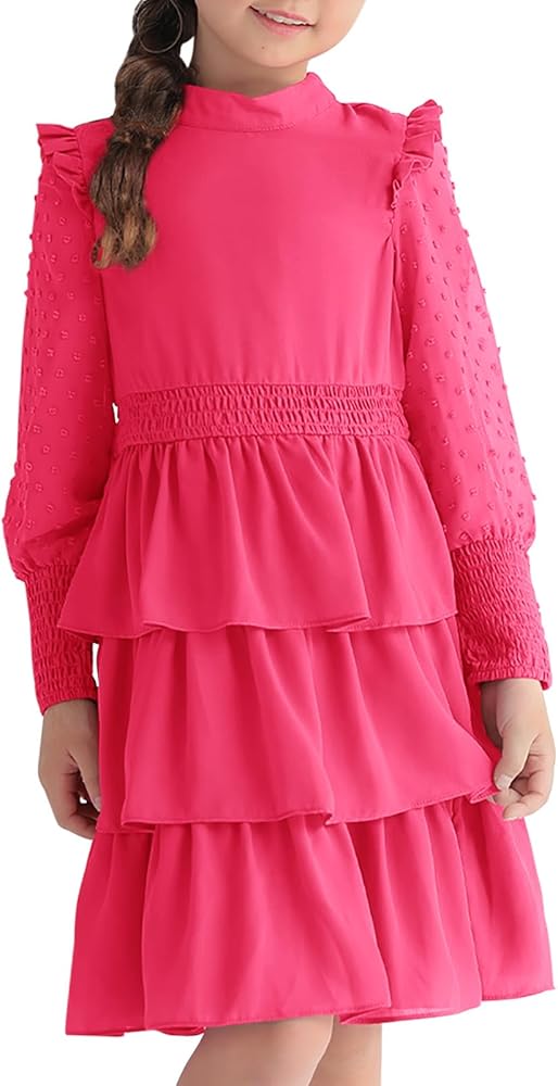 Haloumoning Girls Ruffle Tiered Dresses Kids Cute Solid Long Sleeve Boho Dress 5-14 Years