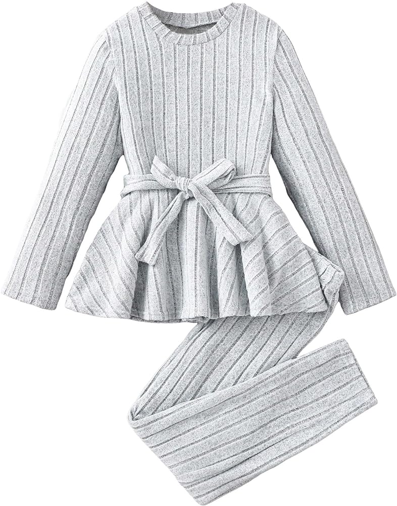 OYOANGLE Girl's 2 Piece Outfits Rib Knit Long Sleeve Belted Peplum Tops and Pants Set Tracksuit