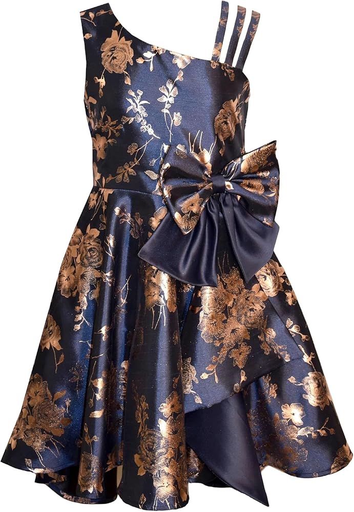 Bonnie Jean Girls 7-16 Navy Shantung Rose-Gold Foiled Bow Dress