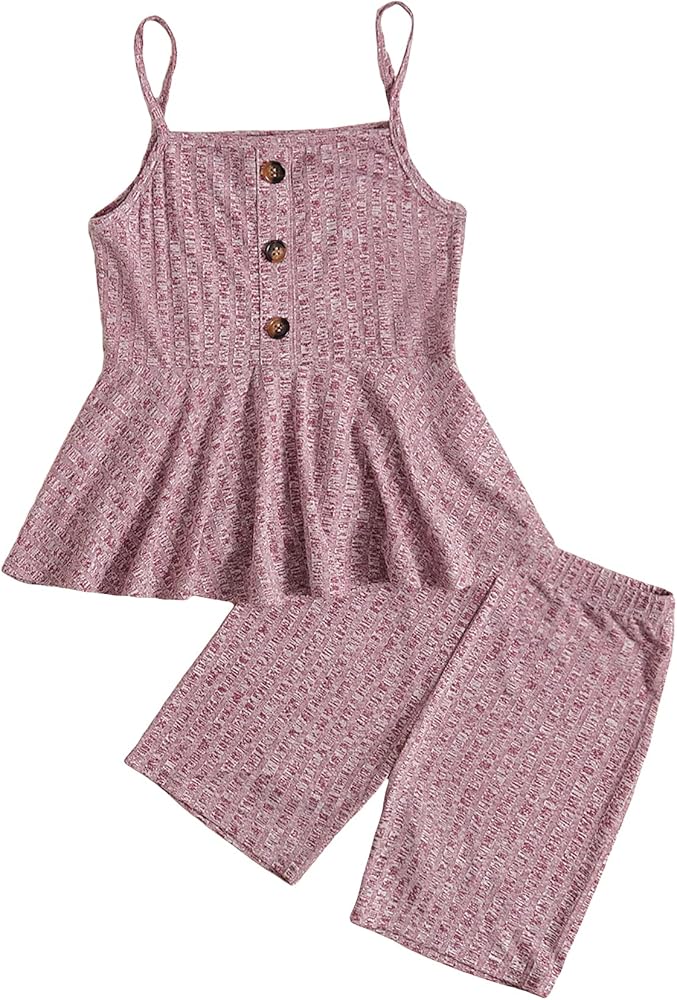 Milumia Girl's Two Piece Outfits Rib Knit Ruffle Hem Button Peplum Cami Top and Shorts Set