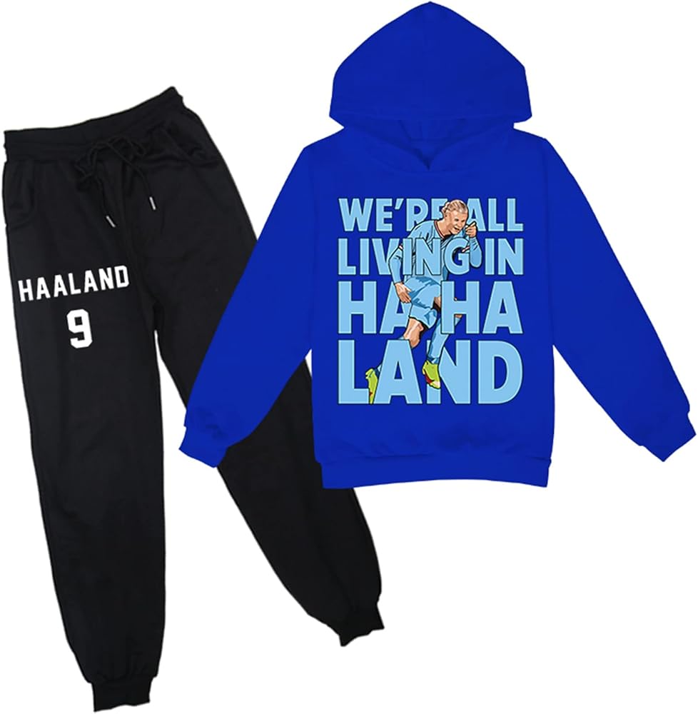 Unisex Children Hooded Tracksuit Football Stars Outfit,Haaland Hoodie Pullover Tops and Jogger Pants Set