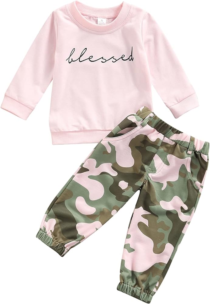 Mandizy Toddler Baby Girl Fall Outfits Blessed Letter Print Long Sleeve Sweatshirt Tops Camouflage Pants Clothes Set