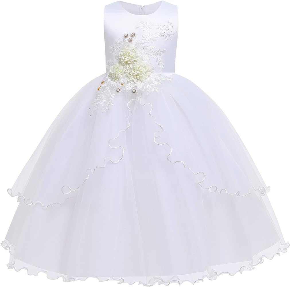 Flower Girl Lace Dress for Kids Wedding Bridesmaid Pageant Party Formal Gown Princess Communion Tulle V-Back Dresses