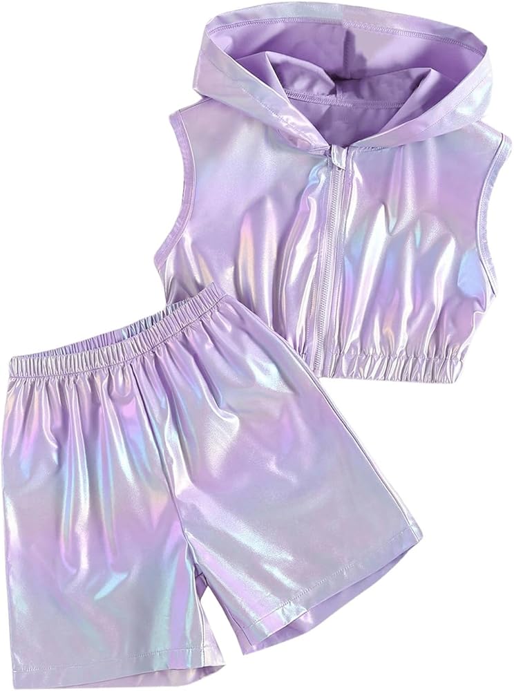 SHENHE Girl's 2 Piece Outfits Holographic Shiny Hooded Zip Up Crop Tank and Shorts Metallic Set