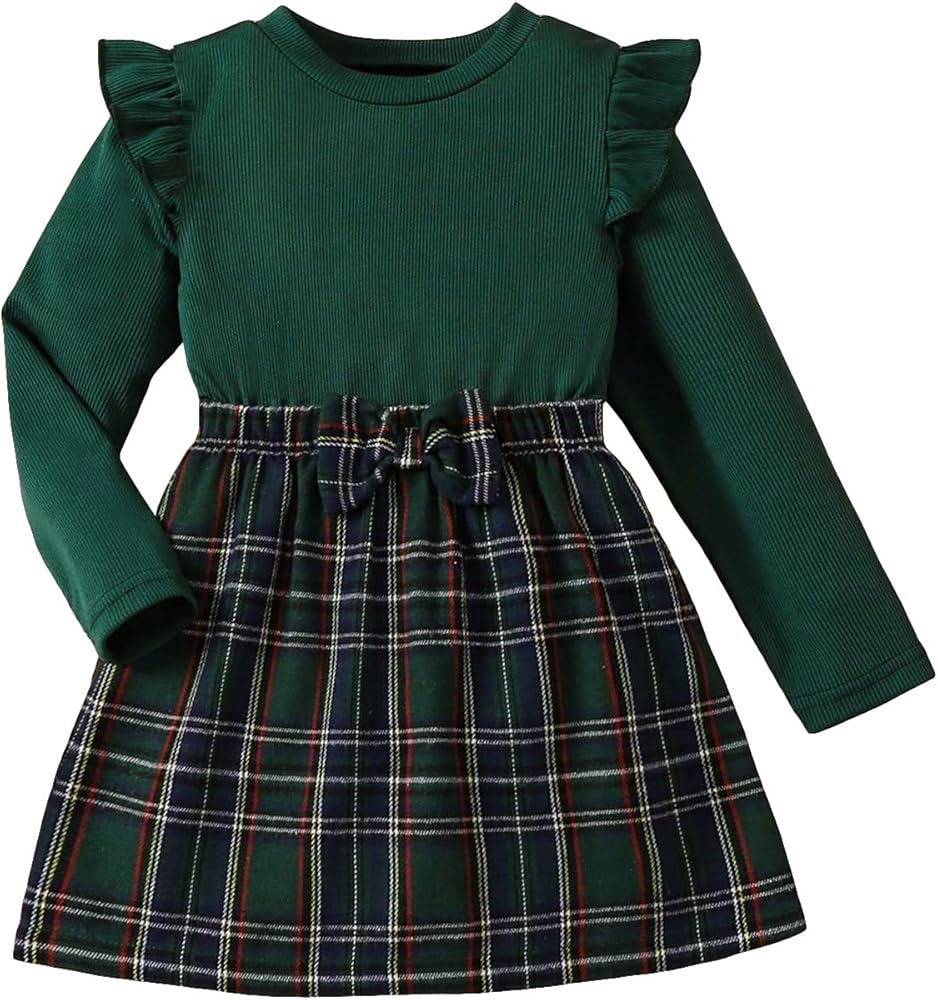 Floerns Girl's 2 Piece Outfit Puff Sleeve Tee with Plaid Print Short Skirt Set