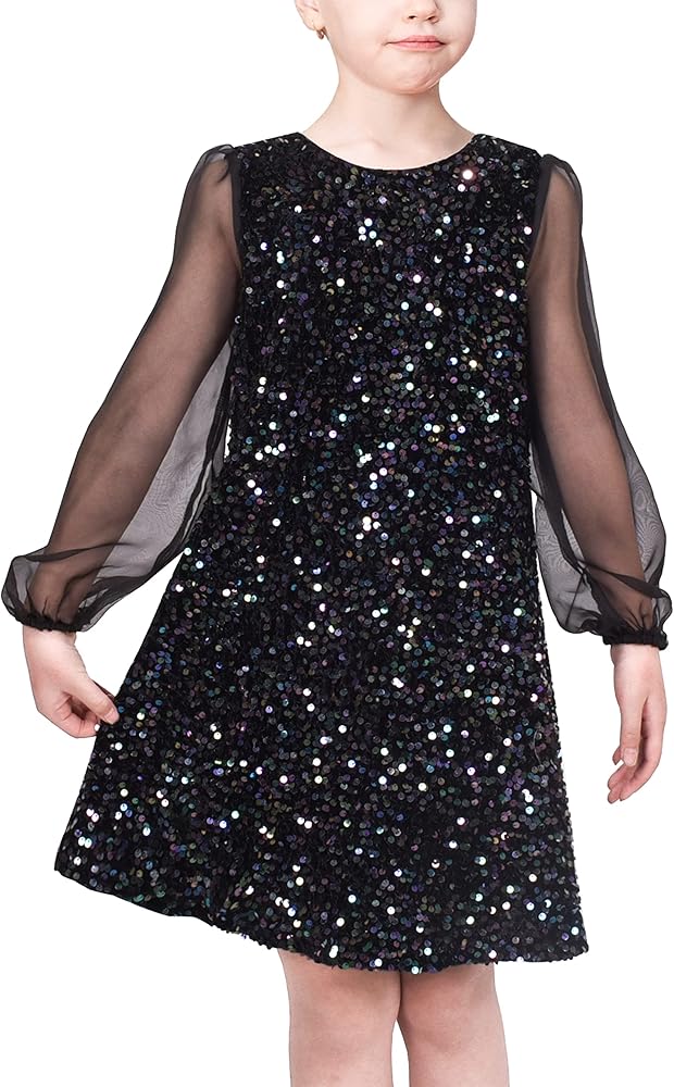 Sunny Fashion Girls Dress Black Sequin Sheer Mesh Long Sleeve Party Elegant Ball Gown